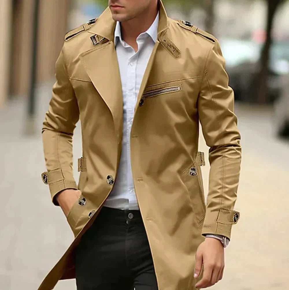 Men's long double-breasted trench coat with shoulder epaulettes and zip chest pocket
