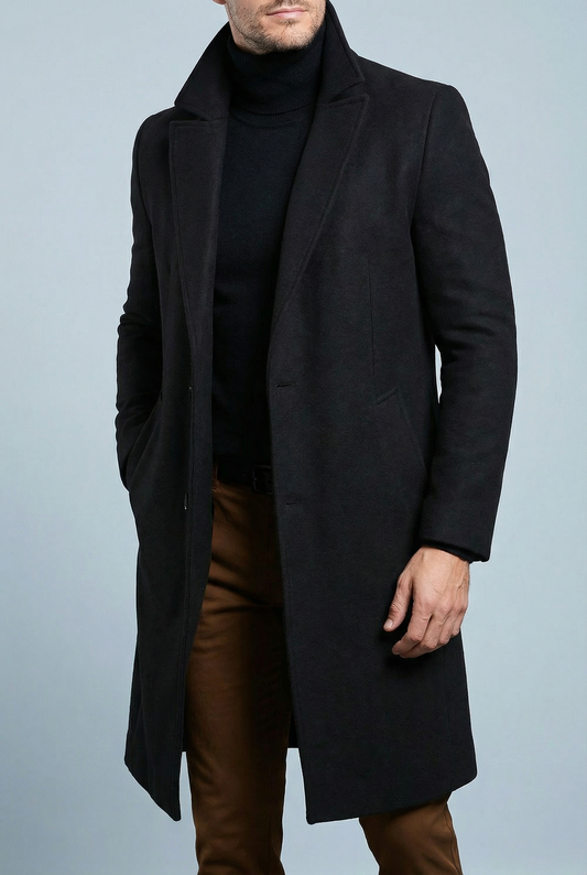 Men's structured long coat with notched lapels and button fastening
