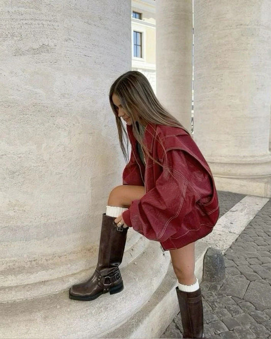 Women's burgundy oversized bomber jacket with zip front and contrast stitching