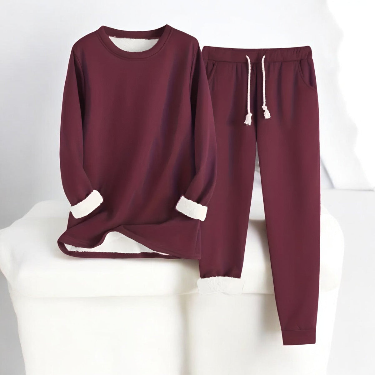 Long-sleeve crew neck sweatshirt and matching drawstring joggers with cuffed hems