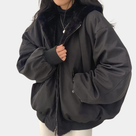 Women's hooded bomber jacket with fur-style lining, zip front and ribbed trims