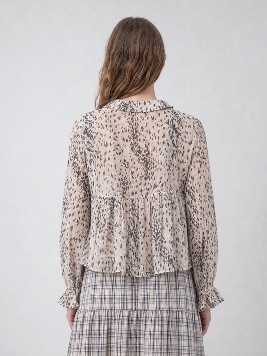 Women's beige animal print blouse with tie neckline and long sleeves