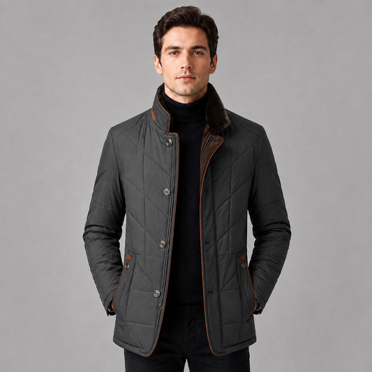 Men's quilted jacket with stand collar, zip front and buttoned pockets