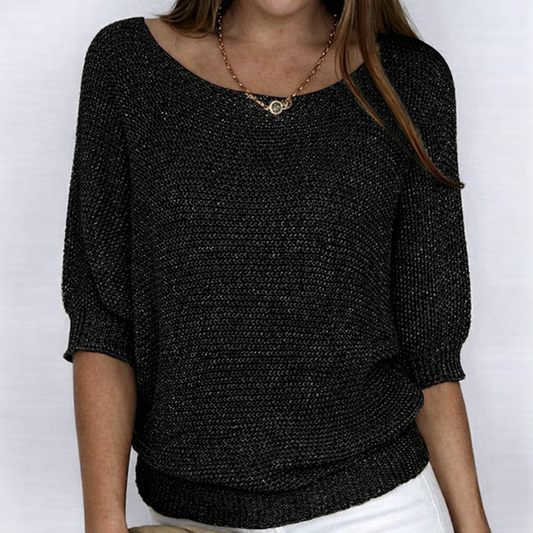 Women's ribbed knit sweater with wide neckline and three-quarter sleeves