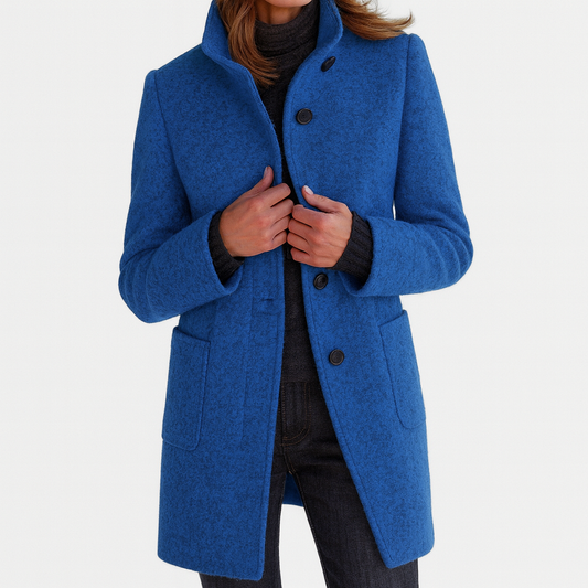 Women's solid winter coat with stand collar, button front, long sleeves and two patch pockets