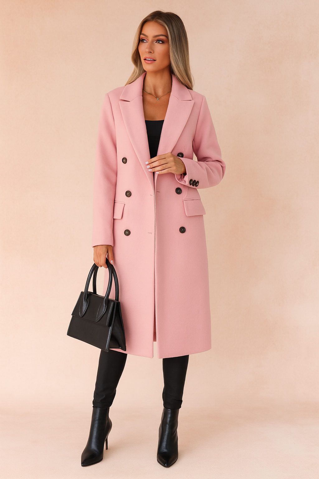Women's double-breasted long coat with lapels and flap pockets