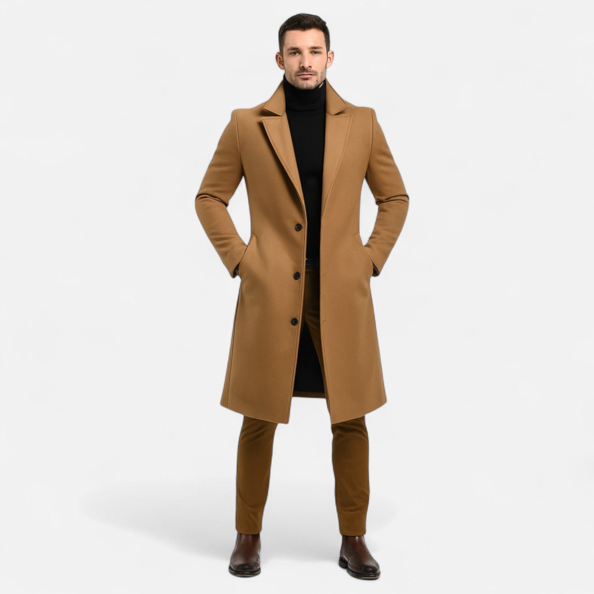 Men's long button-front coat with notched lapel and side pockets