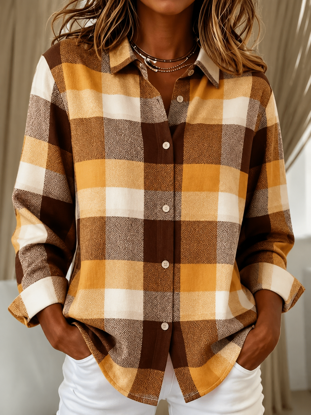 Women's checked cardigan with shirt collar, long sleeves and button front
