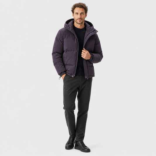 Unisex hooded quilted puffer jacket with long sleeves and front pockets