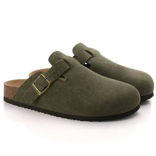 Men's slip-on clog loafers with buckle straps, round toes and flat soles