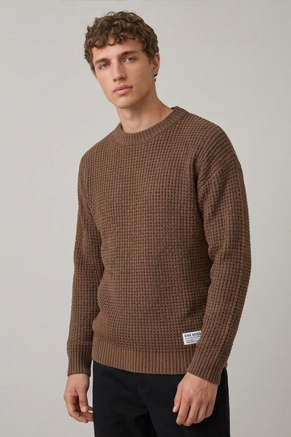 Men's crew neck waffle knit pullover sweater with long sleeves and ribbed trims
