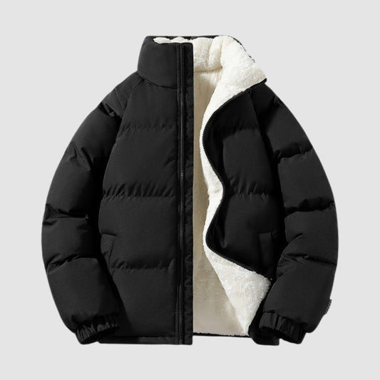 Women's hooded quilted puffer jacket with contrasting fleece-like lining and zip front