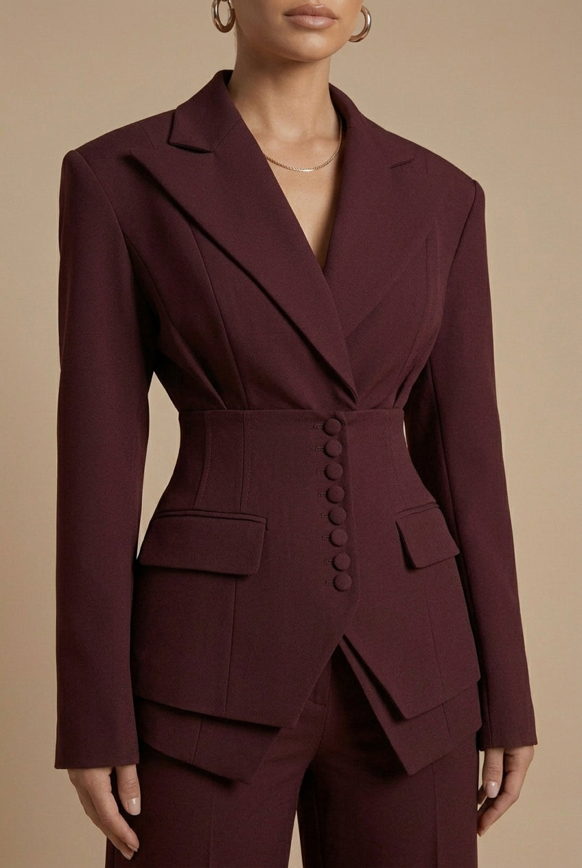 Women's tailored two-piece suit with peaked lapel jacket and wide-leg trousers