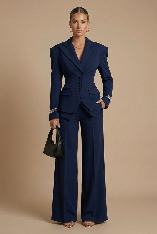 Women's tailored two-piece suit with peaked lapel jacket and wide-leg trousers