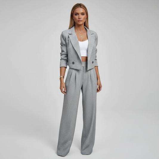 Women's pinstripe blazer and wide-leg trouser suit set