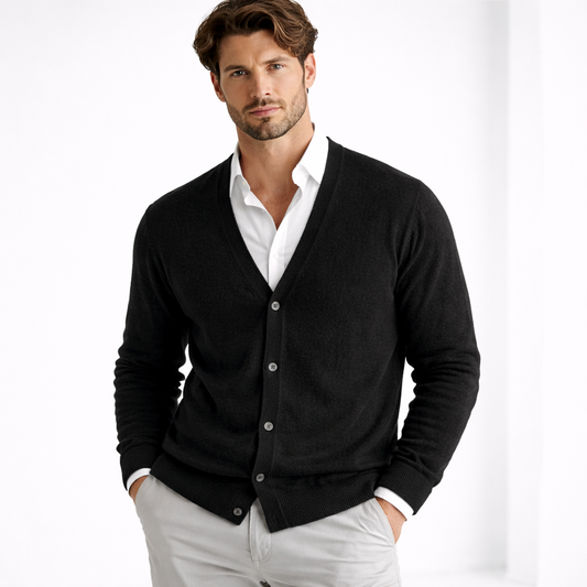 Men's V-neck knit cardigan with button front and long sleeves