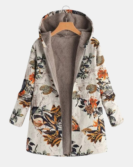 Women's beige floral hooded sherpa coat with long sleeves and open front