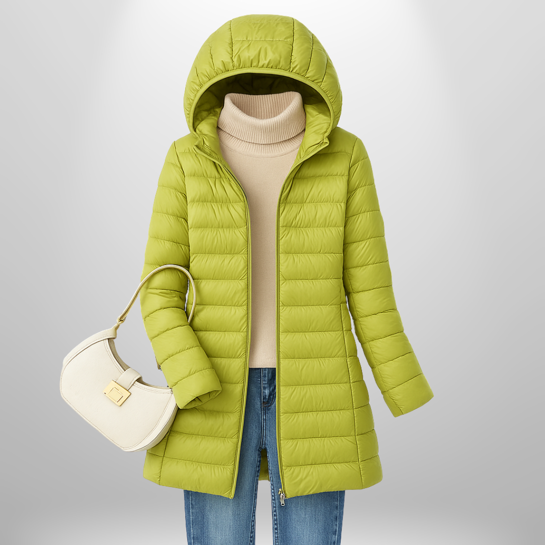 Women's hooded quilted longline puffer jacket with front zipper