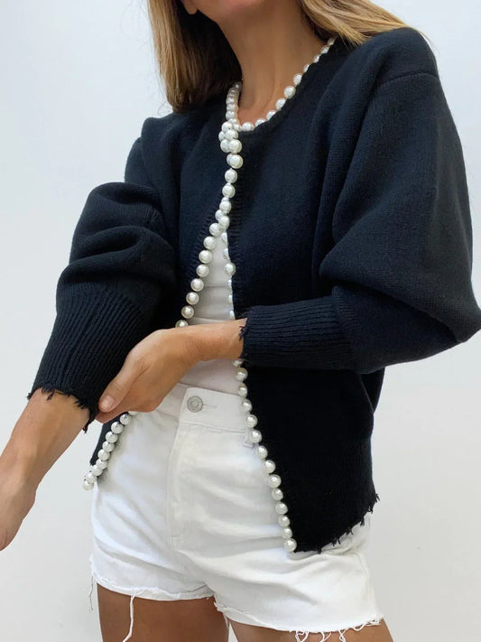 Women's open-front cardigan with pearl trim and long sleeves