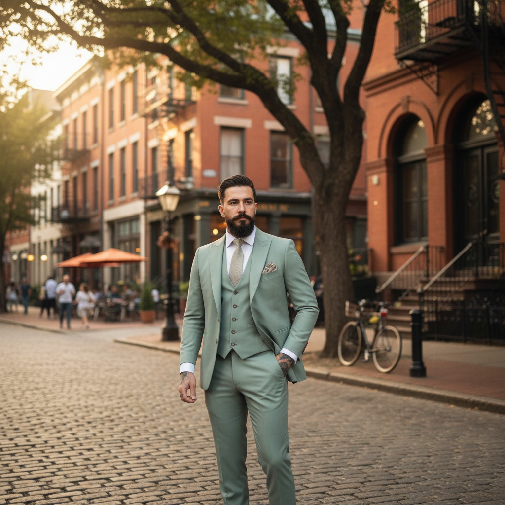 Men's sage green three piece suit with notch lapel jacket and button vest