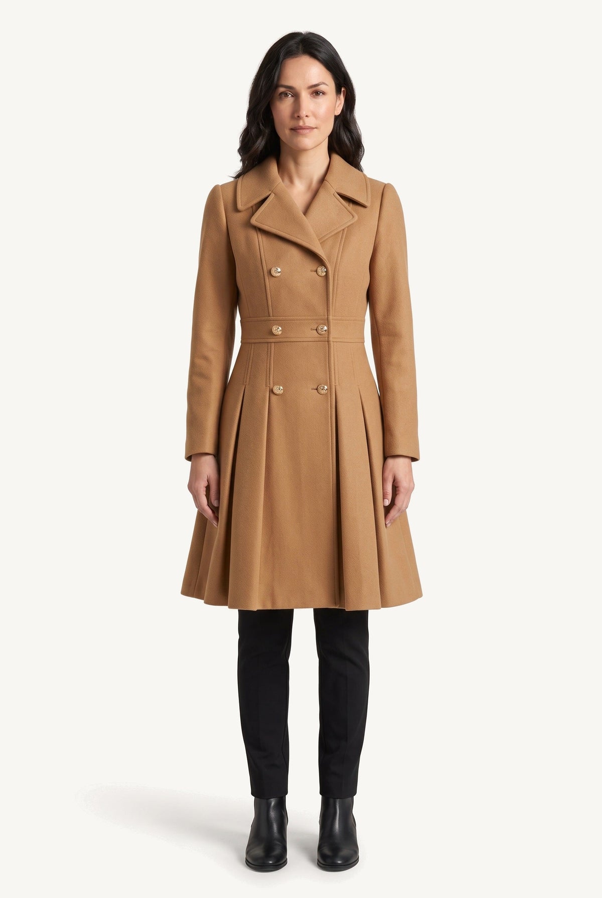 Women's double-breasted flared coat with notched lapels and long sleeves