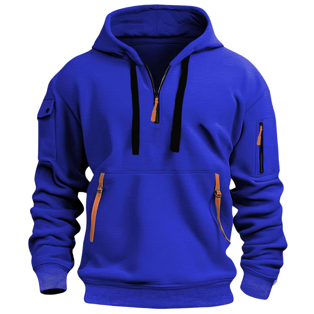 Men's hooded pullover with quarter zip and multiple zip pockets