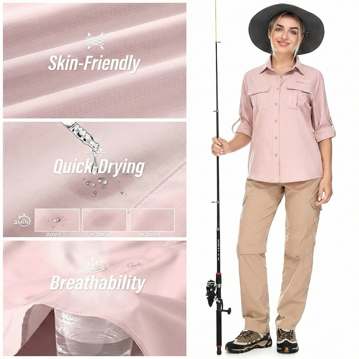 Women's long sleeve utility shirt with button front, roll-tab cuffs and multiple chest pockets