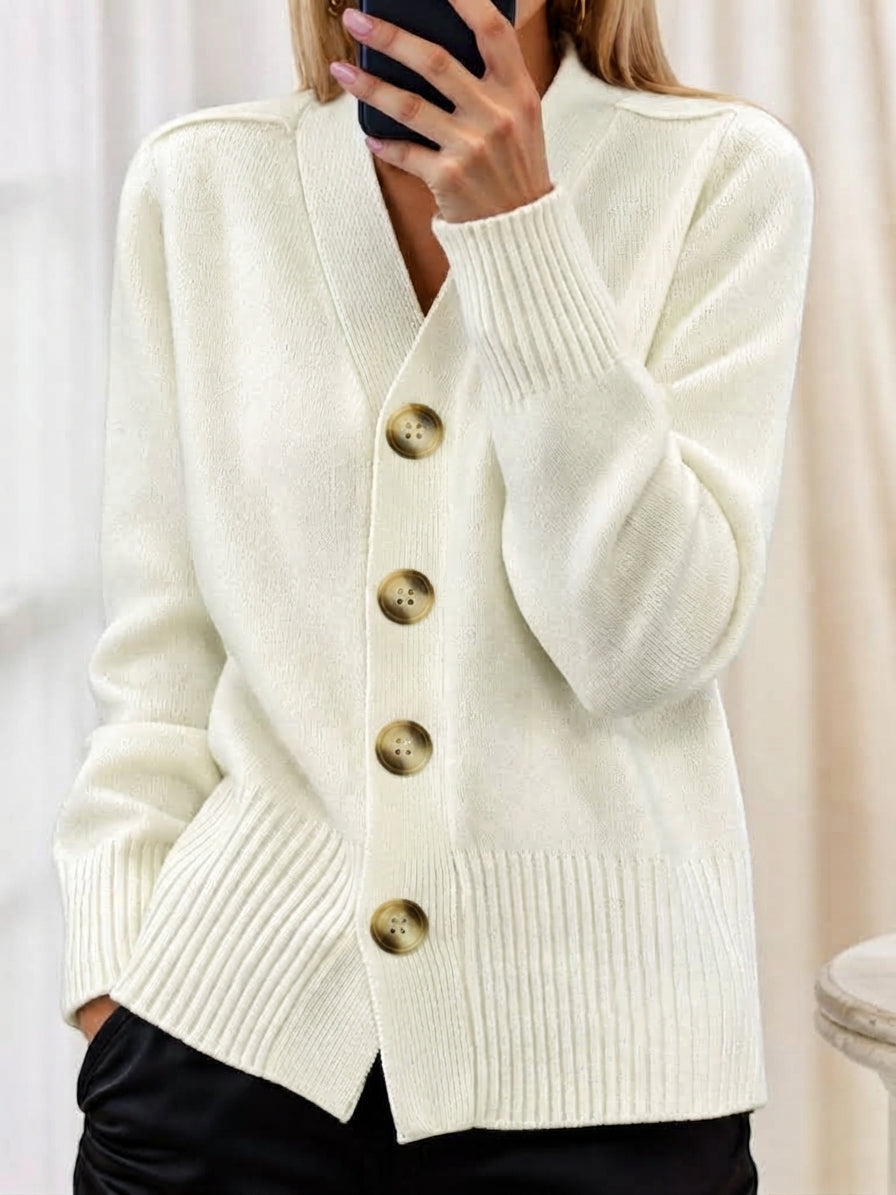 Women's V-neck button cardigan with long sleeves, front pockets and ribbed trims