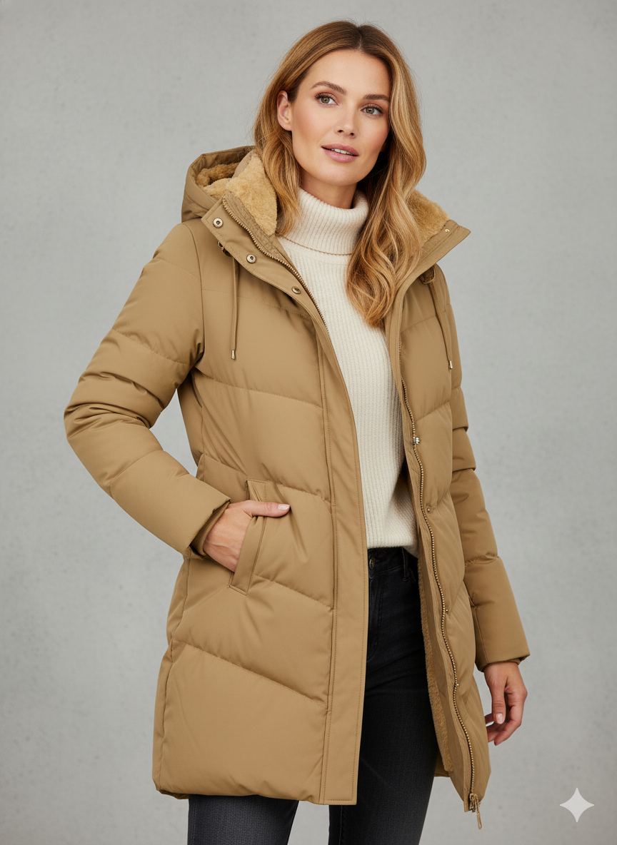Women's long padded hooded coat with plush pile lining and front pockets
