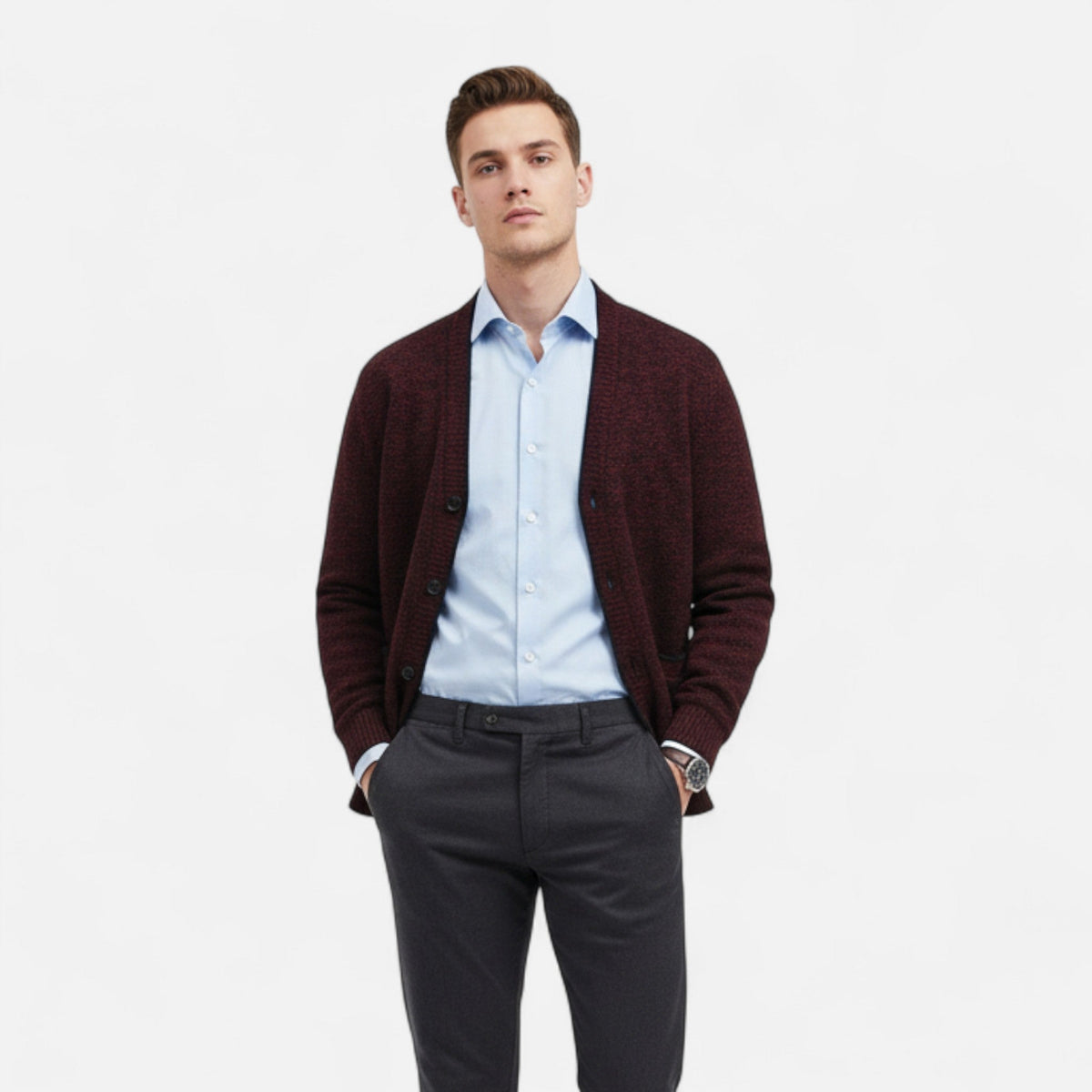 Men's textured knit cardigan with V-neck, button front and two pockets