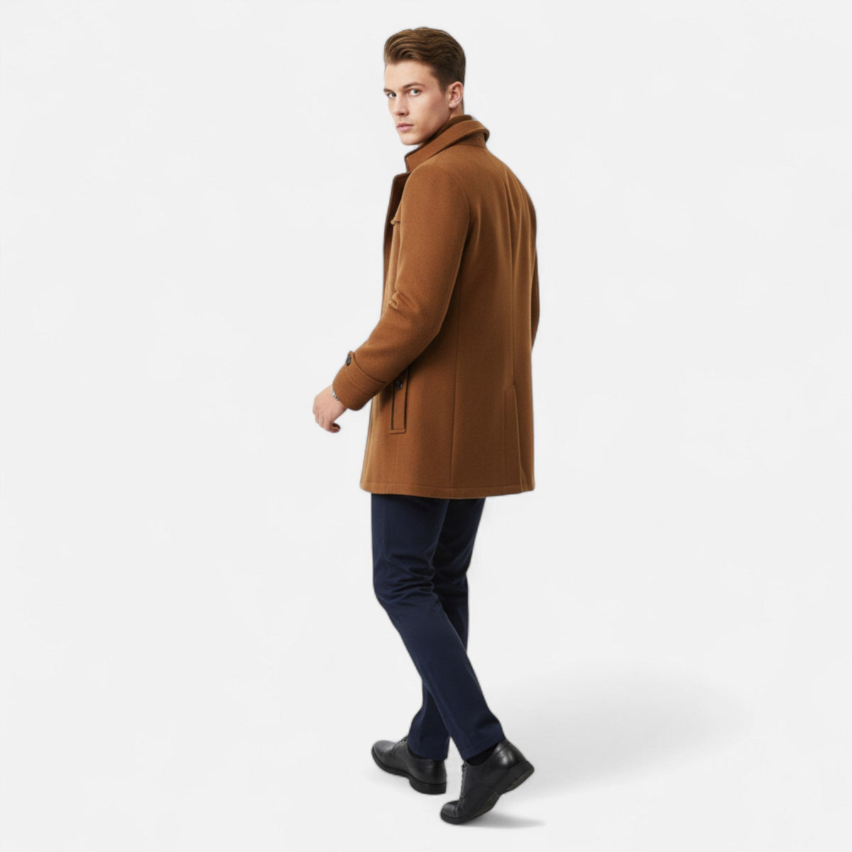 Men's long coat with stand collar, zip and button front