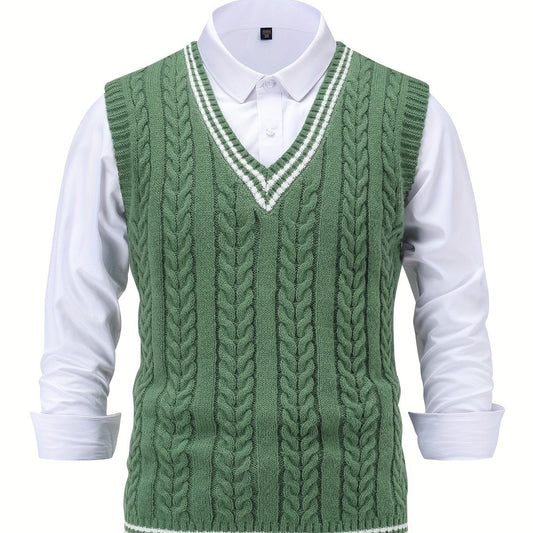 Men's sleeveless cable knit V-neck sweater vest with contrasting tipped trim