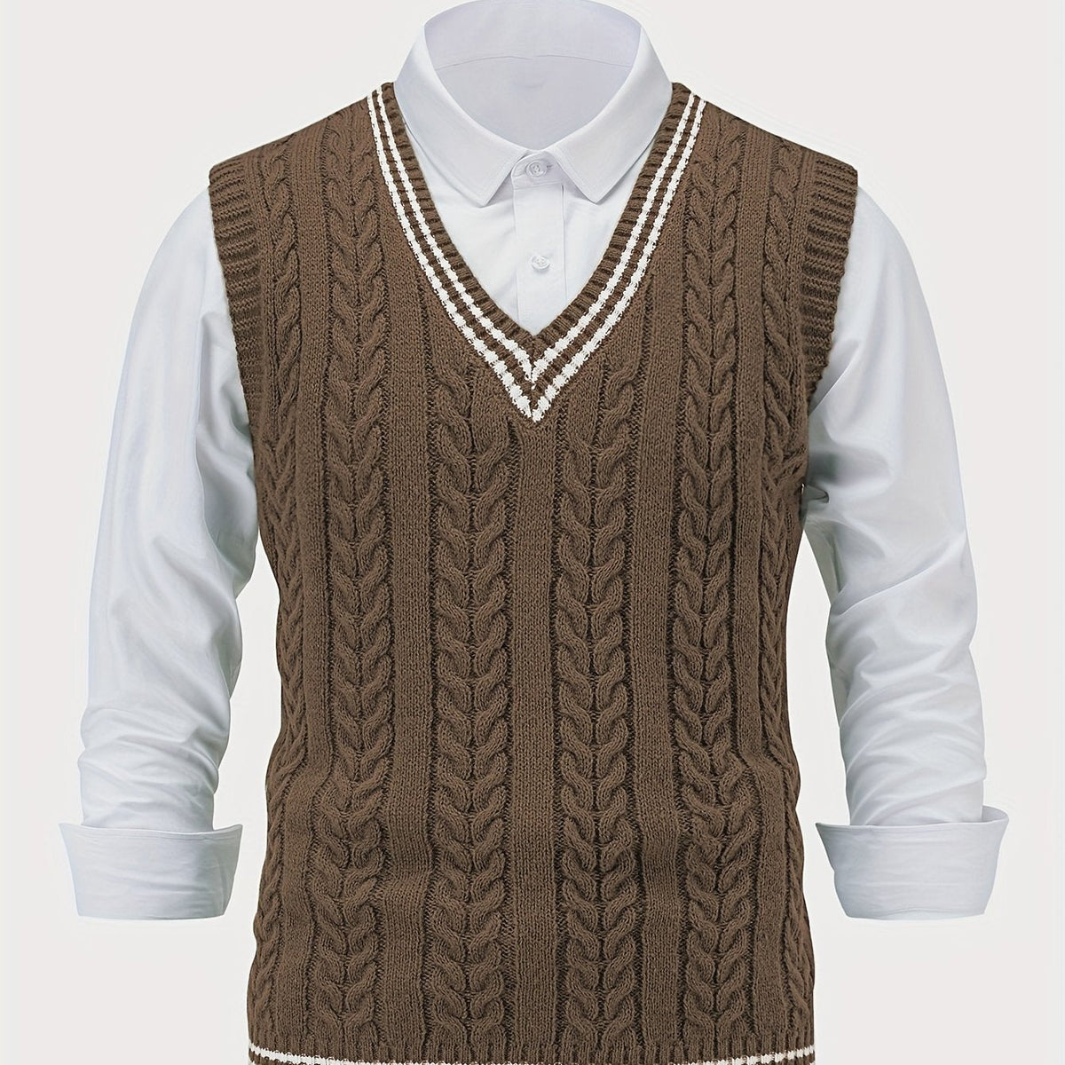 Men's sleeveless cable knit V-neck sweater vest with contrasting tipped trim