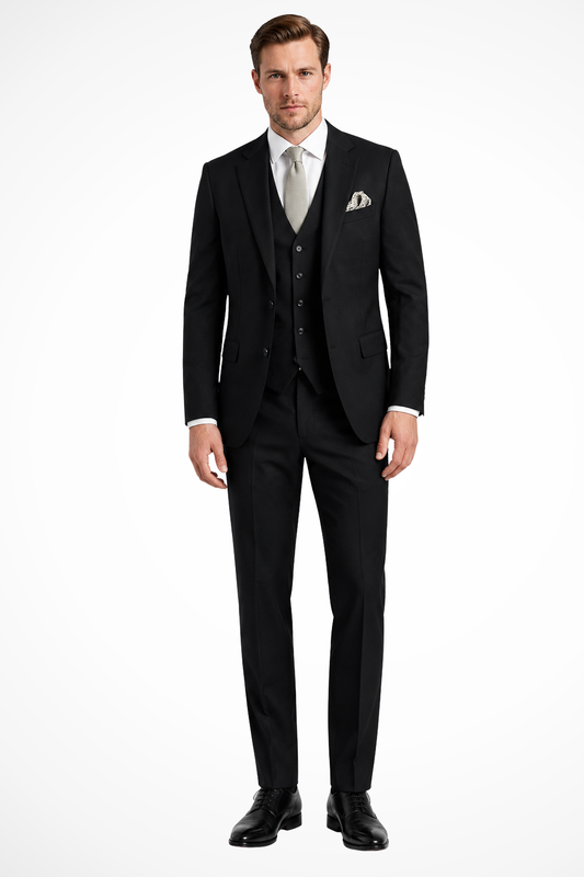 Men's three-piece slim fit suit with notched lapels and matching waistcoat