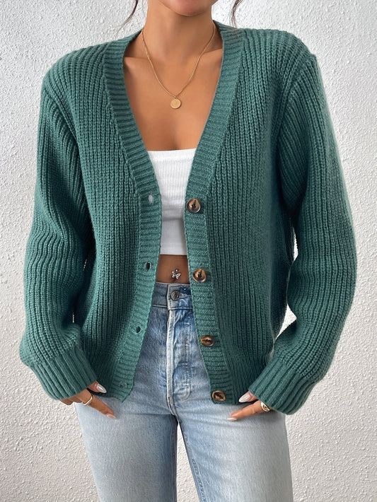 Women's ribbed V-neck button cardigan with long sleeves