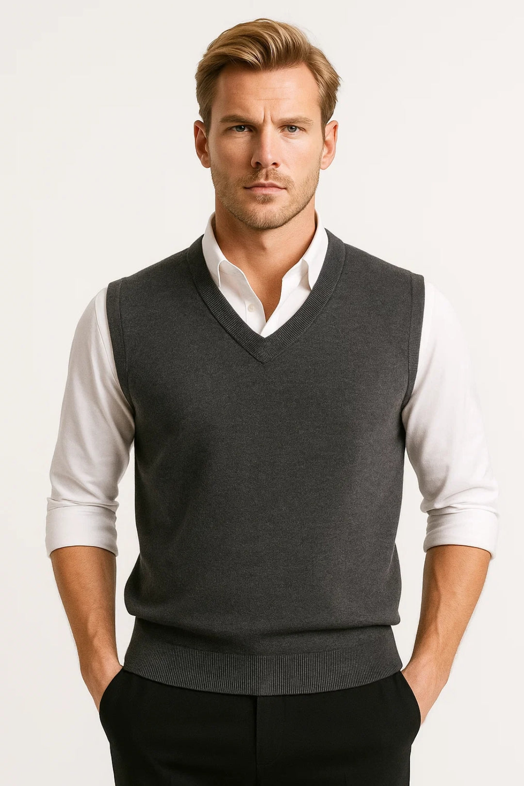 Men's sleeveless V-neck sweater vest with ribbed trims layered over a white shirt