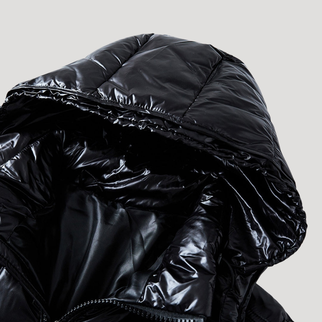 Men's quilted hooded puffer jacket with zip front and pockets