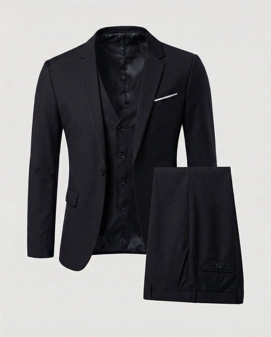 Men's three-piece suit set with notched-lapel jacket, waistcoat and trousers