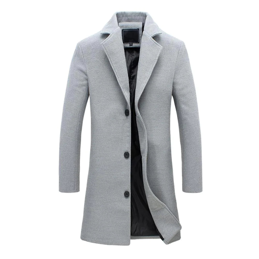 Men's knee-length button-front coat with notched lapels and long sleeves