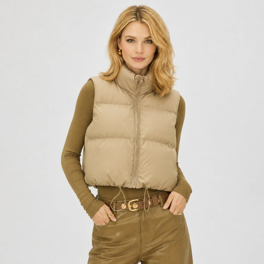 Women's cropped quilted puffer vest with high collar and zip front