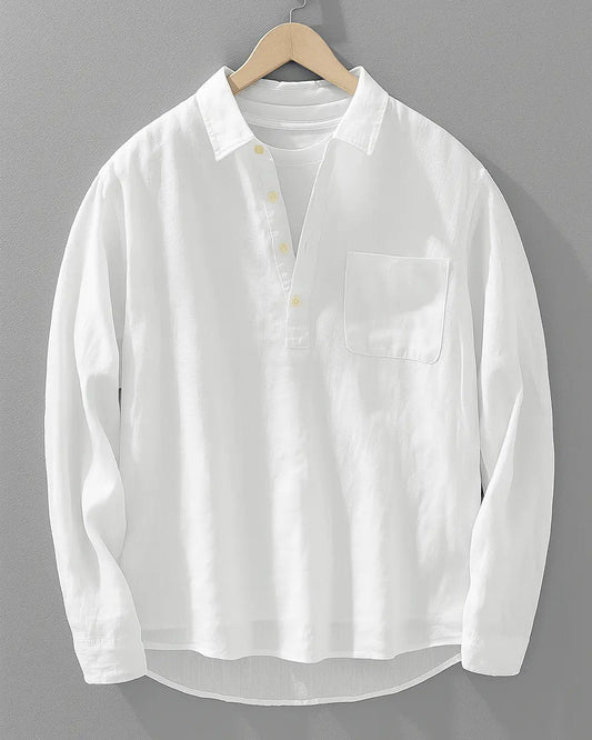 Men's long sleeve popover shirt with collar, button placket and chest pocket