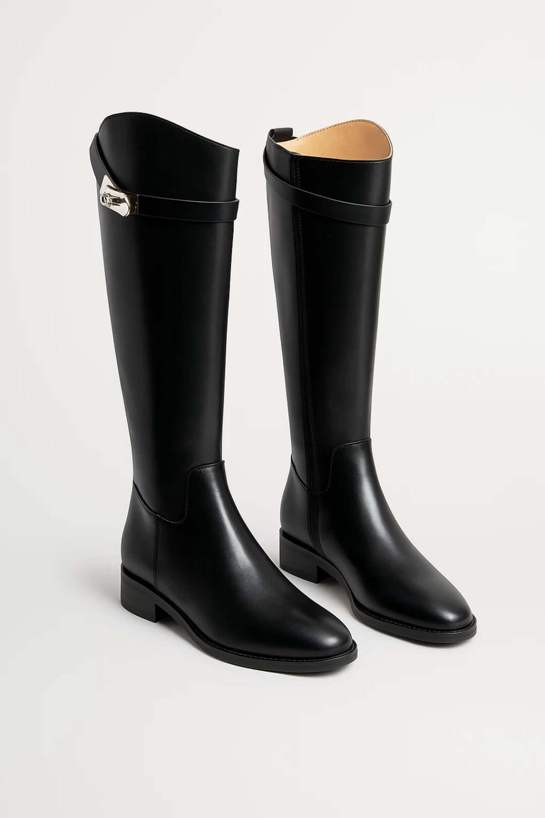 Women's knee-high boots with buckle strap, side zip and low block heel