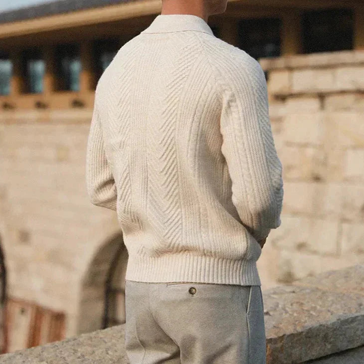 Men's textured polo sweater with long sleeves and button placket