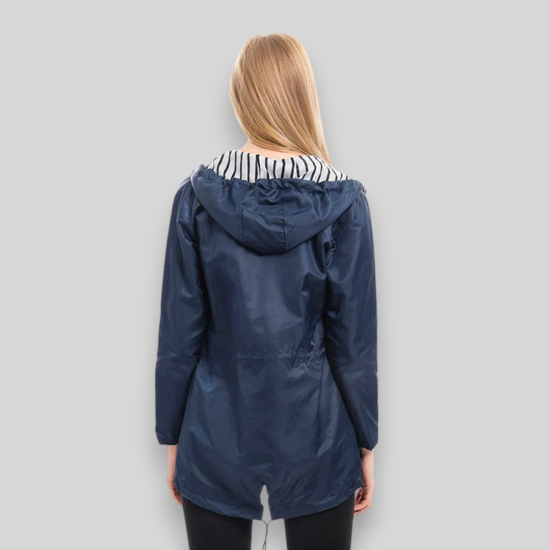 Women's hooded rain jacket with long sleeves, zip front and striped lining