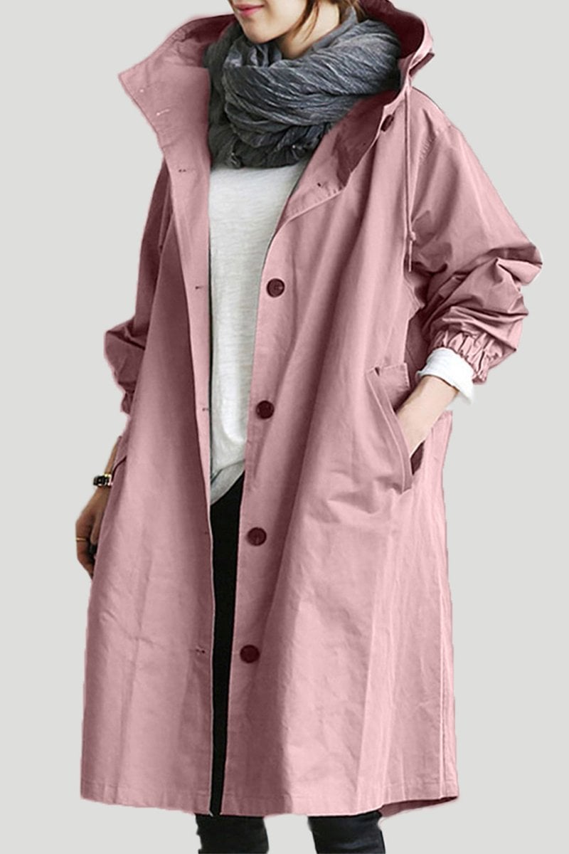 Women's hooded longline trench coat with button front, elastic cuffs and side pockets