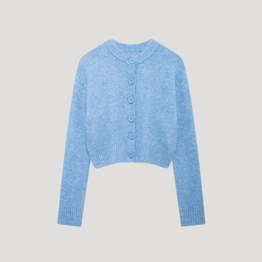 Women's cropped knit cardigan with crew neck and button front
