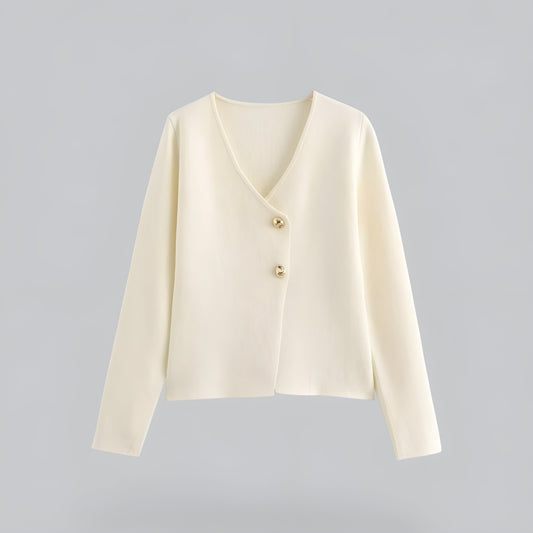 Women's V-neck button front knit cardigan with long sleeves and short hem