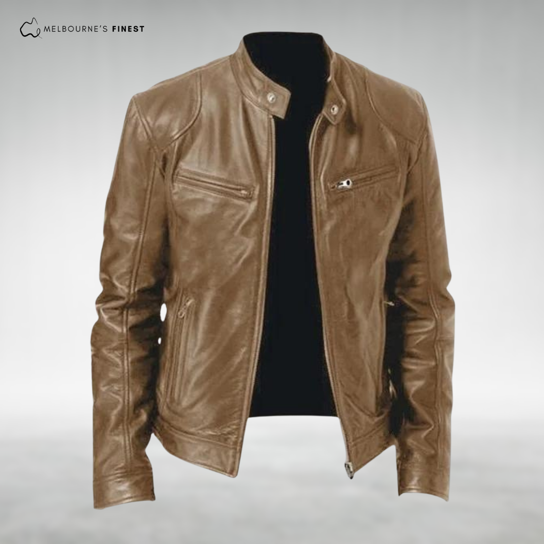 Men's stand collar zip front jacket with long sleeves and multiple zipped pockets