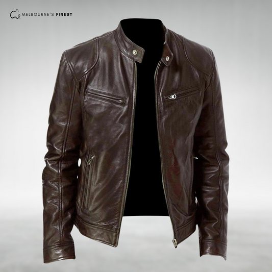 Men's stand collar zip front jacket with long sleeves and multiple zipped pockets