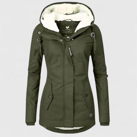 Women's hooded fleece-lined parka jacket with long sleeves and zip front
